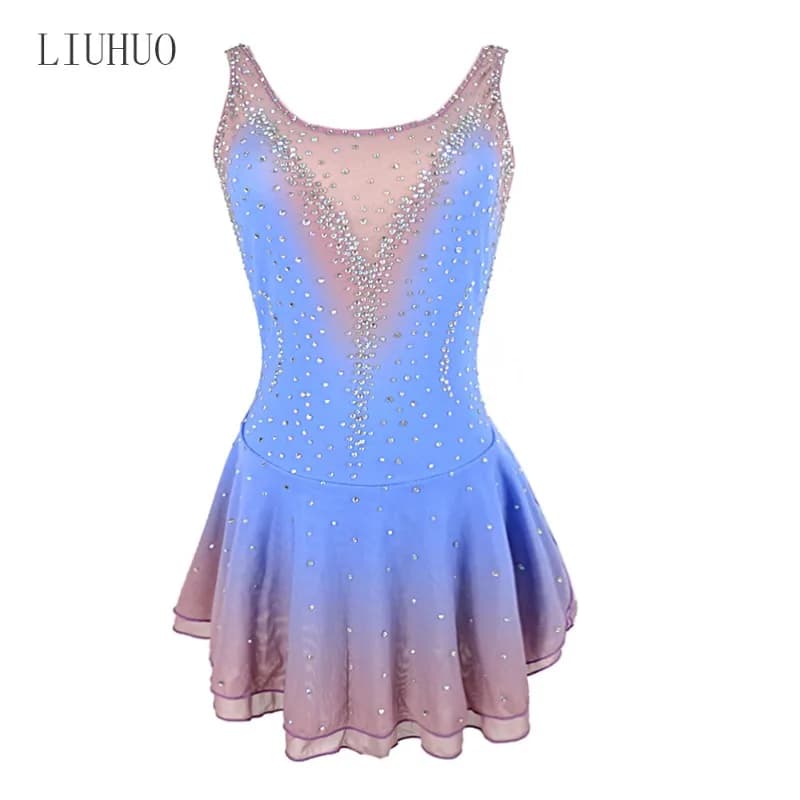 costumi di scena personalizzati abiti da performance acrobatiche abiti da pattinaggio su ghiaccio abiti da pattinaggio su ghiaccio sfumati blu gonne corte