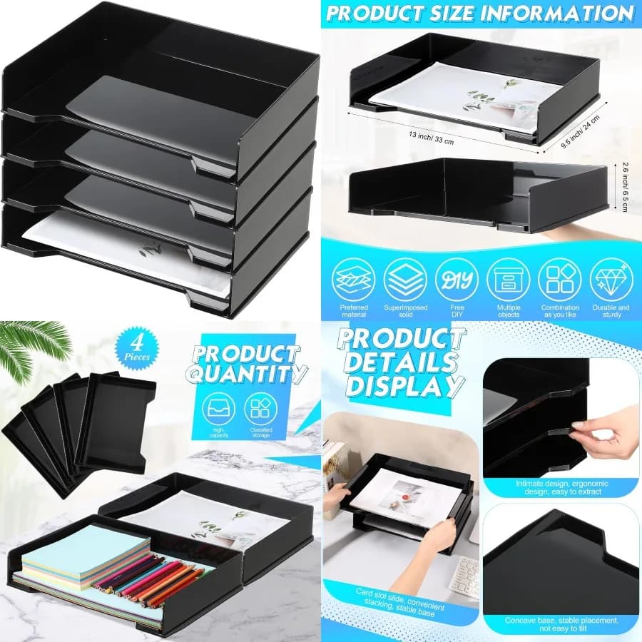Vassoio per lettere impilabile da 4 pezzi Organizzatore da scrivania in plastica rettangolare 13 x 9,5 x 2,6 pollici Porta carta Vassoio per file Accessori Rack per De