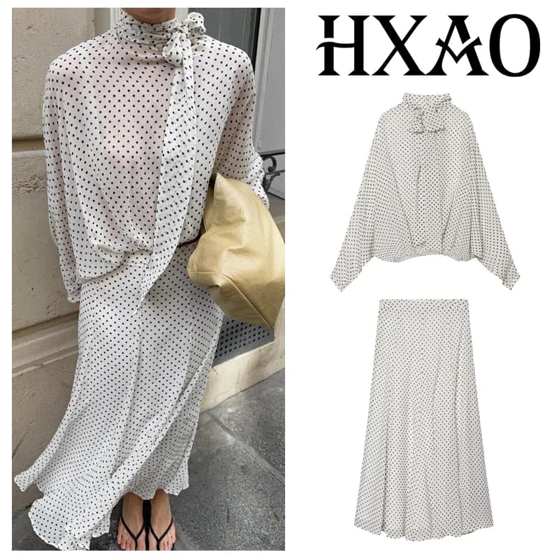 HXAO Women 2 Pieces Sets White Polka Dot Skirt Set Long Sleeve Tops Maxi Dress Summer Suit Elegant Party Vacation Outfits Woman