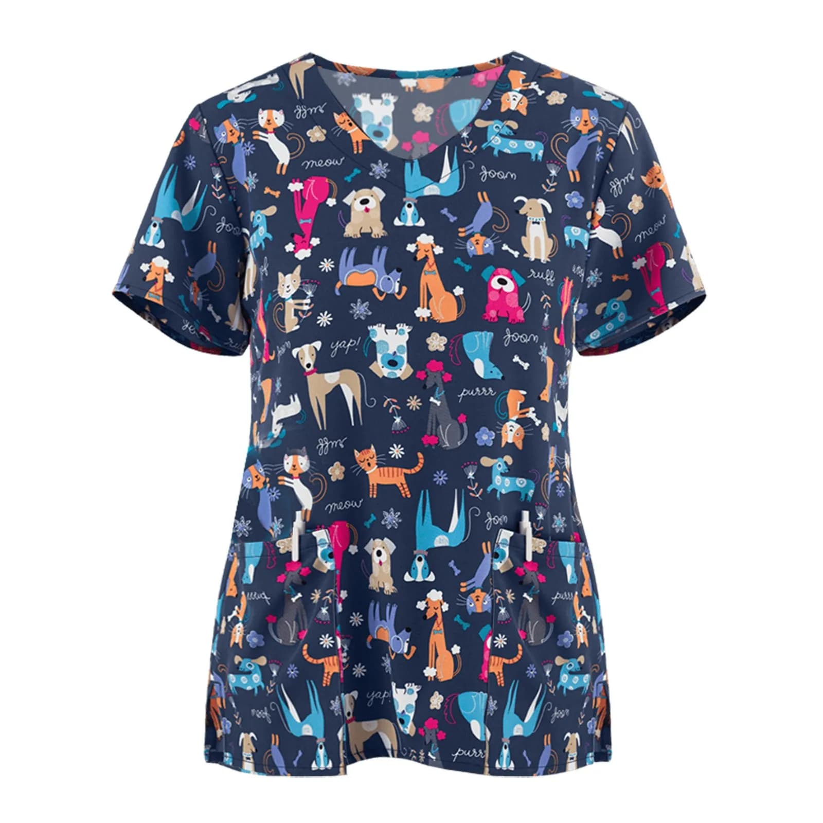 Women's Short Sleeved T-shirt Cartoon Clinic Farmacist Summer Short sleeve Uniform for high quality veterinary cleaning Top with V-neck