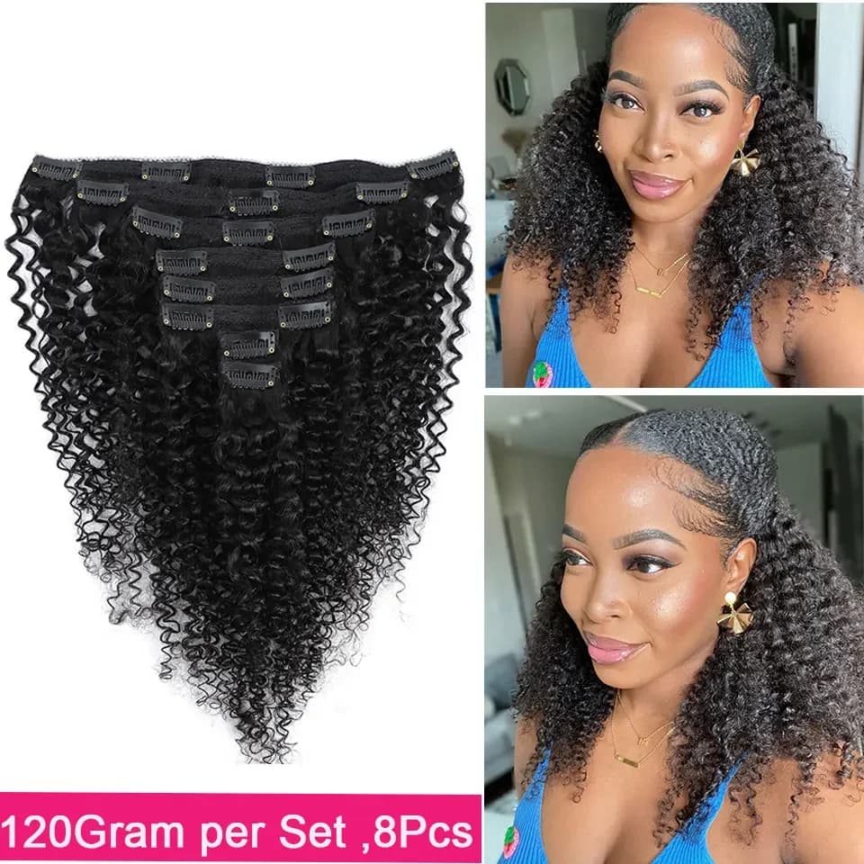 Extensioni per capelli ricci con clip, in vero capello umano, ricci afro, per tutto il capo, per donne nere, capelli brasiliani Remy, colore naturale, 8 pezzi