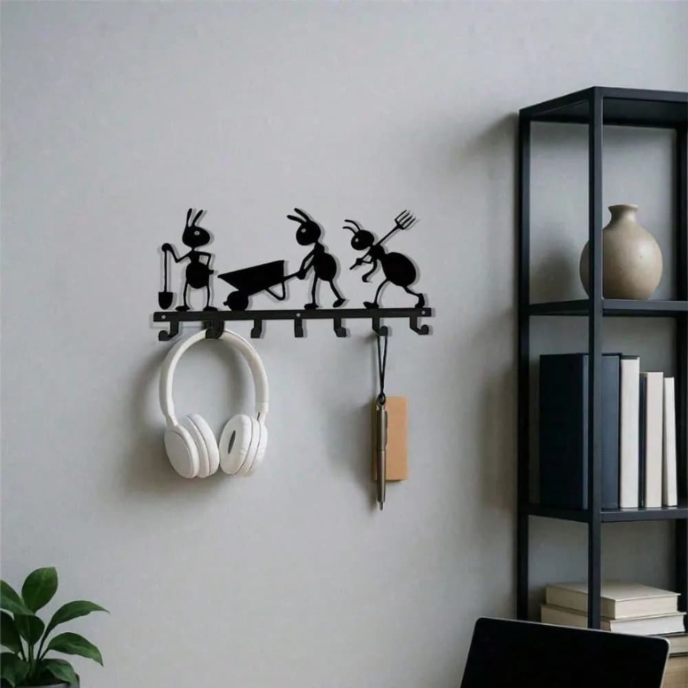 Portachiavi a 7 ganci a tema formica - Organizer da parete in metallo per cappotti e chiavi, ganci estetici e graziosi per ufficio e bagno