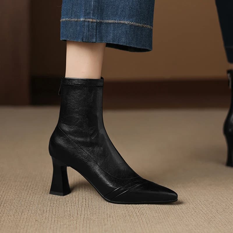2026 new autumn winter women ankle boots plus size 22-26cm stretch microfiber pointed toe back zip thick heel short boots