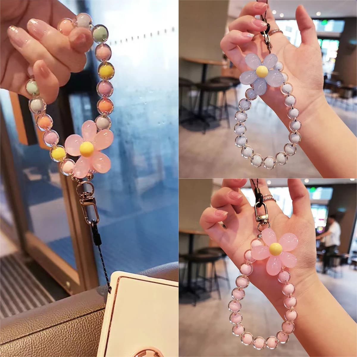 Portachiavi con perline di fiori di cristallo, cinturino da polso per cellulare, cordino anti-smarrimento, portachiavi con ciondolo per telefono alla moda per ragazza da donna