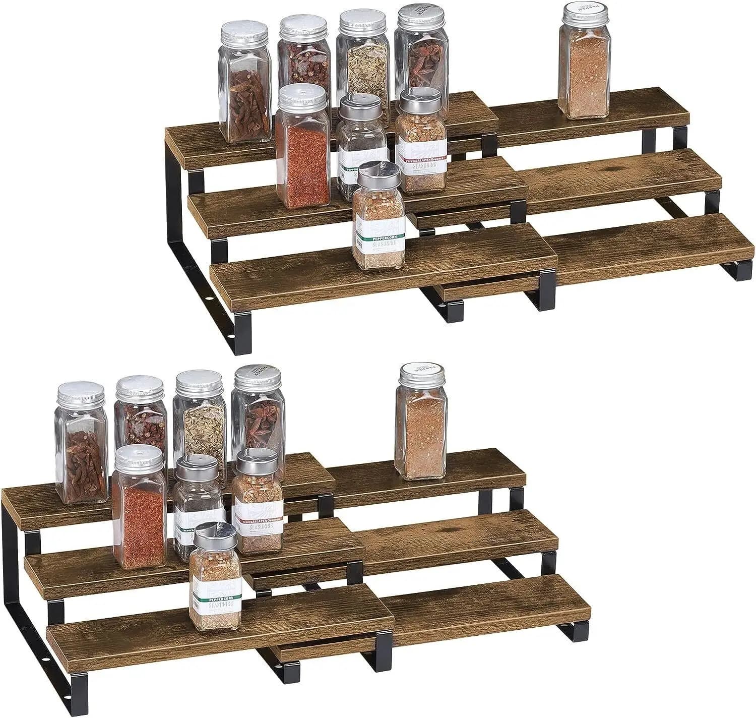 Organizzatore portaspezie in legno a 3 livelli per armadietto, organizzatore per ripiano portaspezie espandibile per piano di lavoro dell'armadio da cucina, Set di 2