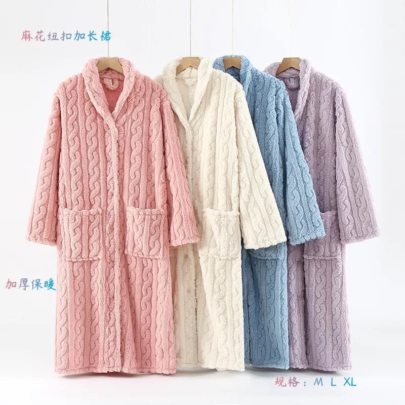 Women's Solid and Thick Fleece Bathrobe, Women's Long Sleeved Winter Dress with Pockets, Hot Flannel Swimwear