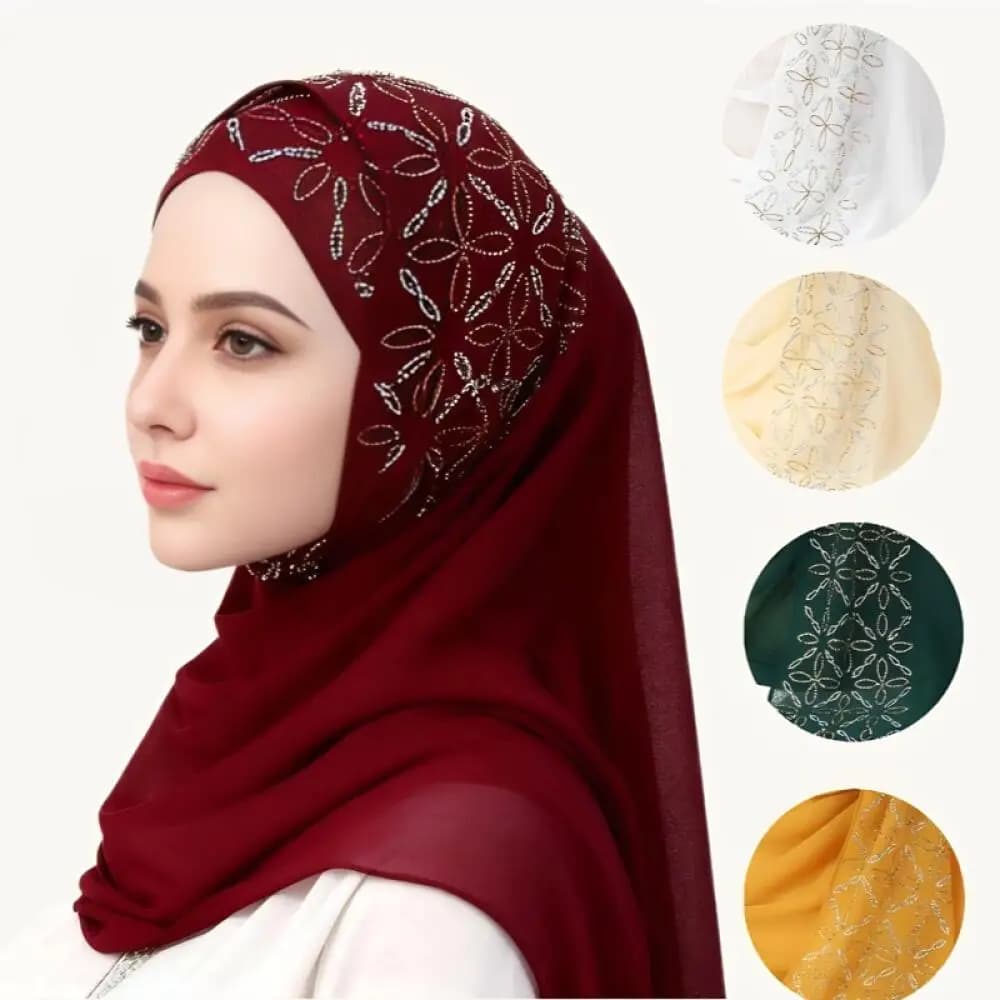 Sciarpa Hijab Tudung Bawal in Chiffon Perlato, Sciarpa Lunga Liscia con Diamanti per Donna, Accessori Premium per Uso Quotidiano e Raya