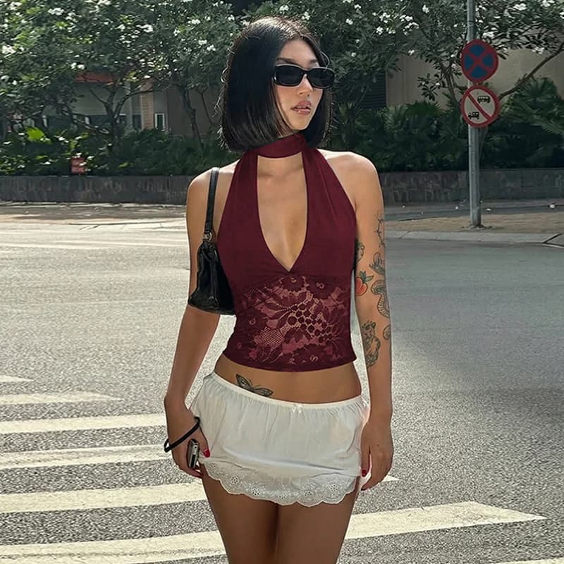 DSMTRC Women 2026 Splice Deep V neck Halter Lace Tops Vests See Through Lace Tanks Top Fashion Slim Hot Girl Casual Street Camis