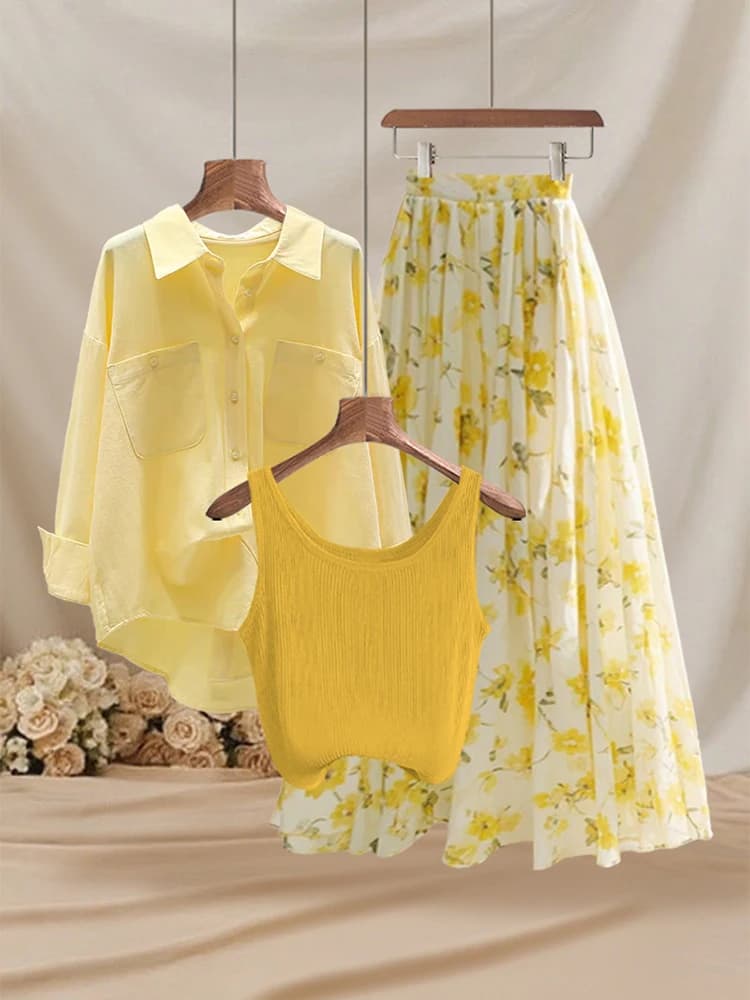 Completo Set Due Pezzi Donna Estivo Stile Giardino: Maglietta Gialla Protettiva Solare e Gonna Floreale Halter - Outfit Completo Dolce e Rinfrescante per l'Estate