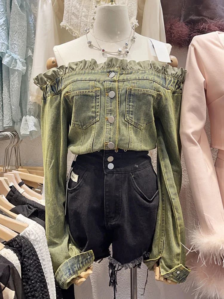 2024 Slah Neck Off Shoulder Long Sleeve Jean Jacket Casual Chic Fashion Tops Women Fairycore Aesthetics Roupas Femininas