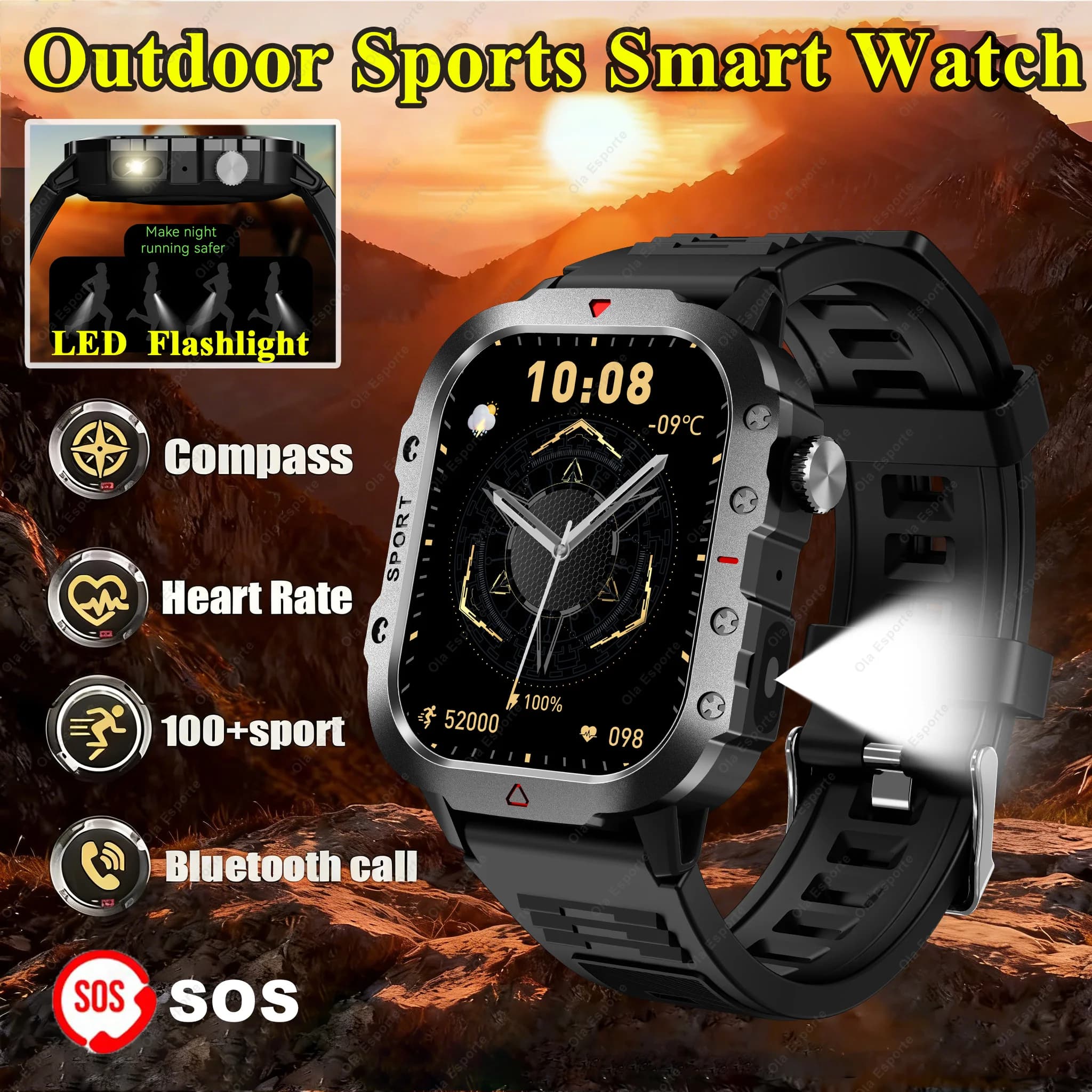 Outdoor Military Smartwatch with Wireless Charging, BT Calls, LED Flashlight, Health Monitoring, Sport Fitness Tracking 2026
