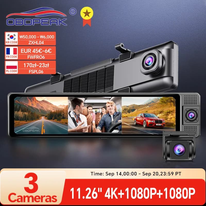 H330 Dash Cam 3 Channels Rearview Mirror Front Interior Rear 4K + 1080P + 1080P WiFi GPS Dual Lenten Cars Dvr Camera Night Vision Infrared