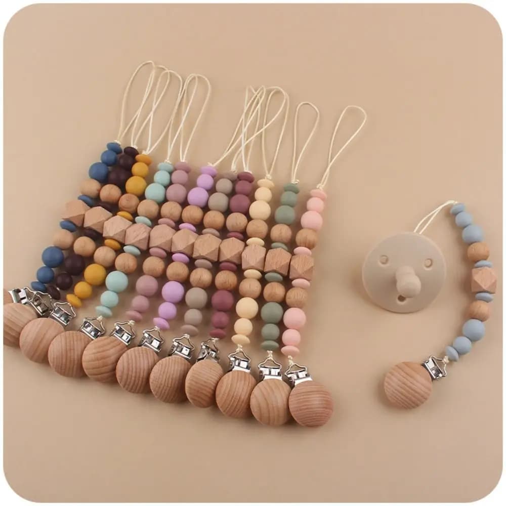 Clip fittizie clip porta ciuccio perline spaziali ottagonali catena per ciuccio in legno supporto per succhietto clip per capezzolo