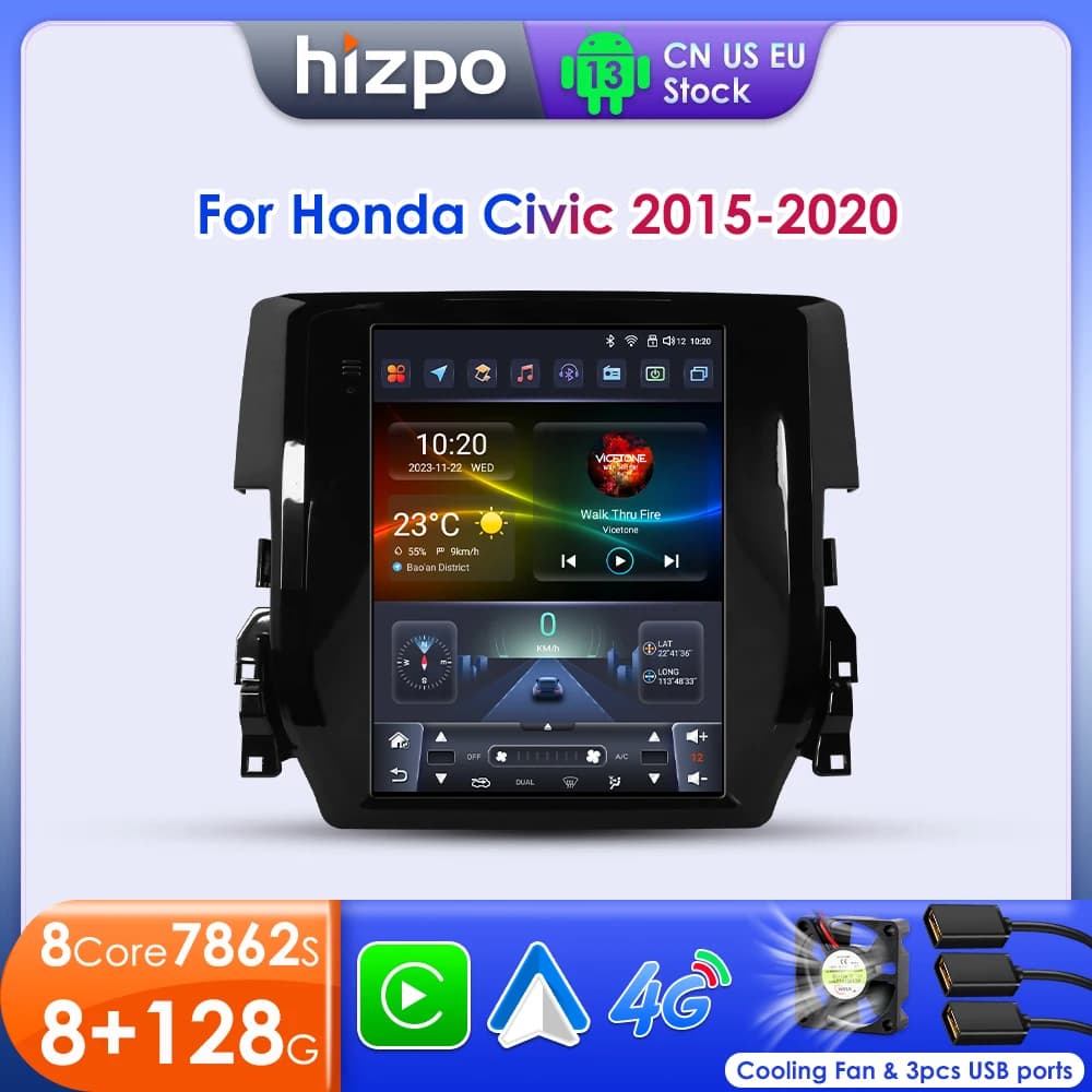 Hizpo 9.7 "Radio Stereo Per Auto per Honda Civic 2015 - 2020 Lettore Multimediale di Navigazione GPS 2 Din 4G Audio Tesla Stile Carplay DSP
