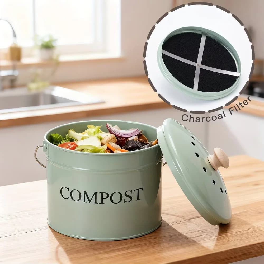 Odorless Kitchen Compost Bucket Activated Charcoal Filtration Large Capacity Kitchen Trash Bin Metal Round Kitchen Trash Dustbin