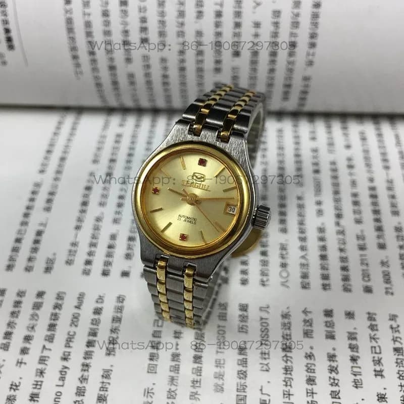 Orologio da Donna Automatico Meccanico Seagull con Diamanti Rossi, Calendario Singolo Giallo e Cinturino in Acciaio Bianco, Spedizione in 24 Ore