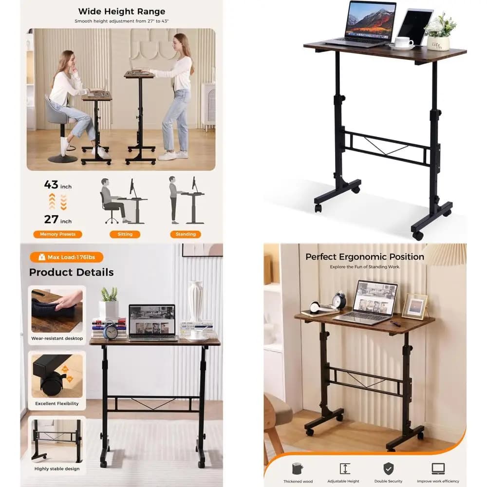 Scrivania Mobile Regolabile in Altezza con Ruote, Scrivania Compatta per Laptop con Rotelle per Ufficio Domestico, 16x31.5, Altezza 27-43.5