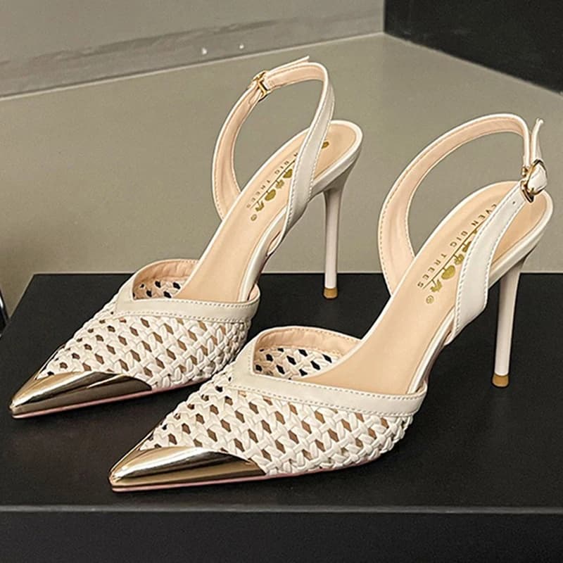 BIGTREE Sandals with Thin Weaved Fashion Women's Shoes Summer Advanced Metal Pointed Heels Women's Decolleté 8,5 cm