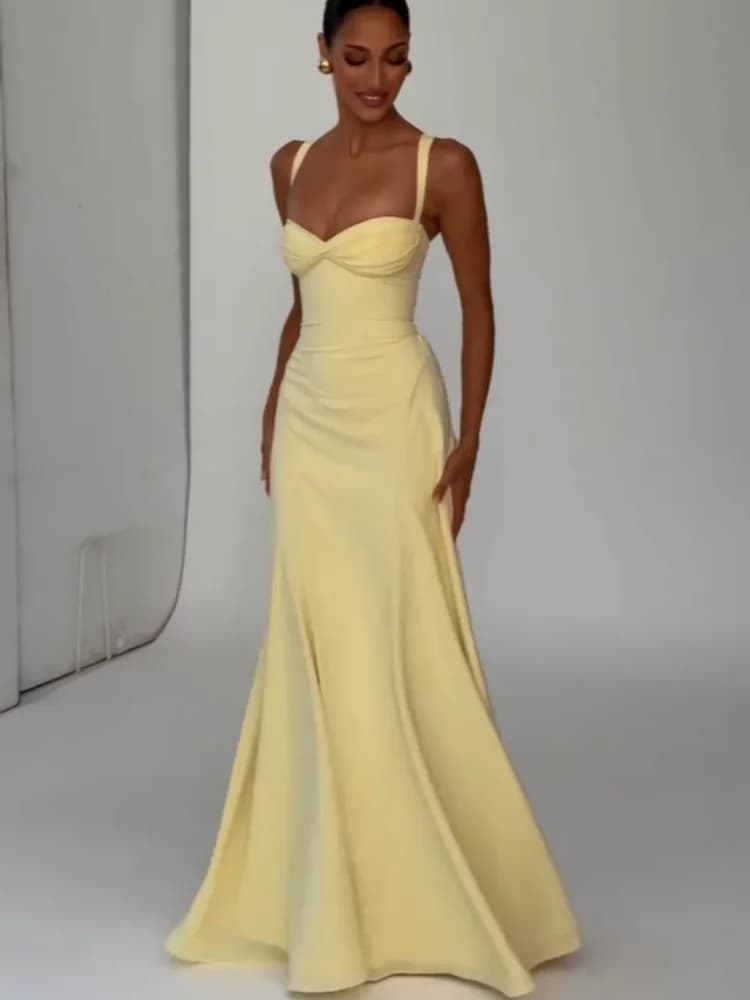 Long dress yellow neckline with laces, sleeveless, high waist, with waist belt, thin shoulder straps, for parties and clubs, for women