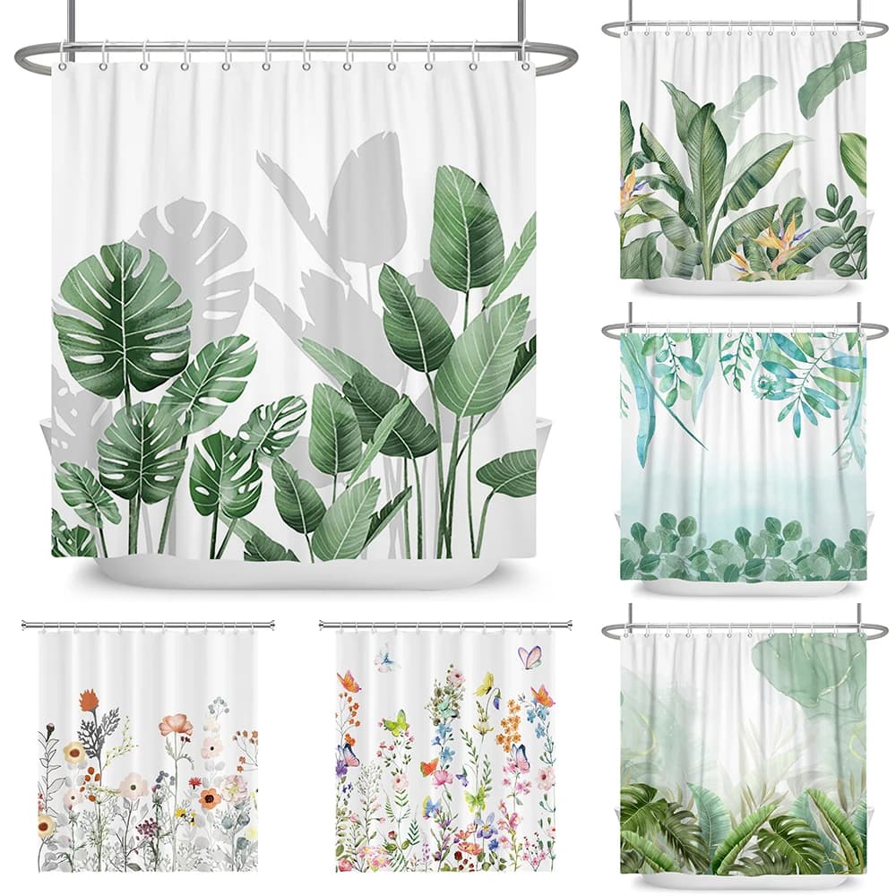 Tenda da doccia con foglie verdi tropicali Tenda da bagno tulipano Tenda rinfrescante romantica Doccia da bagno impermeabile in poliestere
