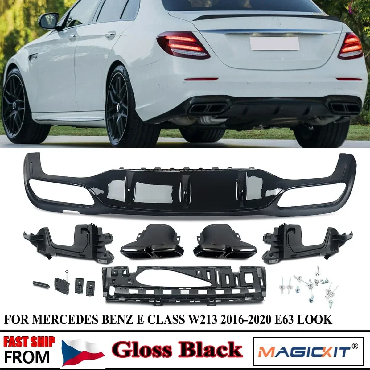 For Mercedes-Benz W213 AMG E63 Style Carbon Rear Bumper Diffuser with Exhaust Tips Glossly Black