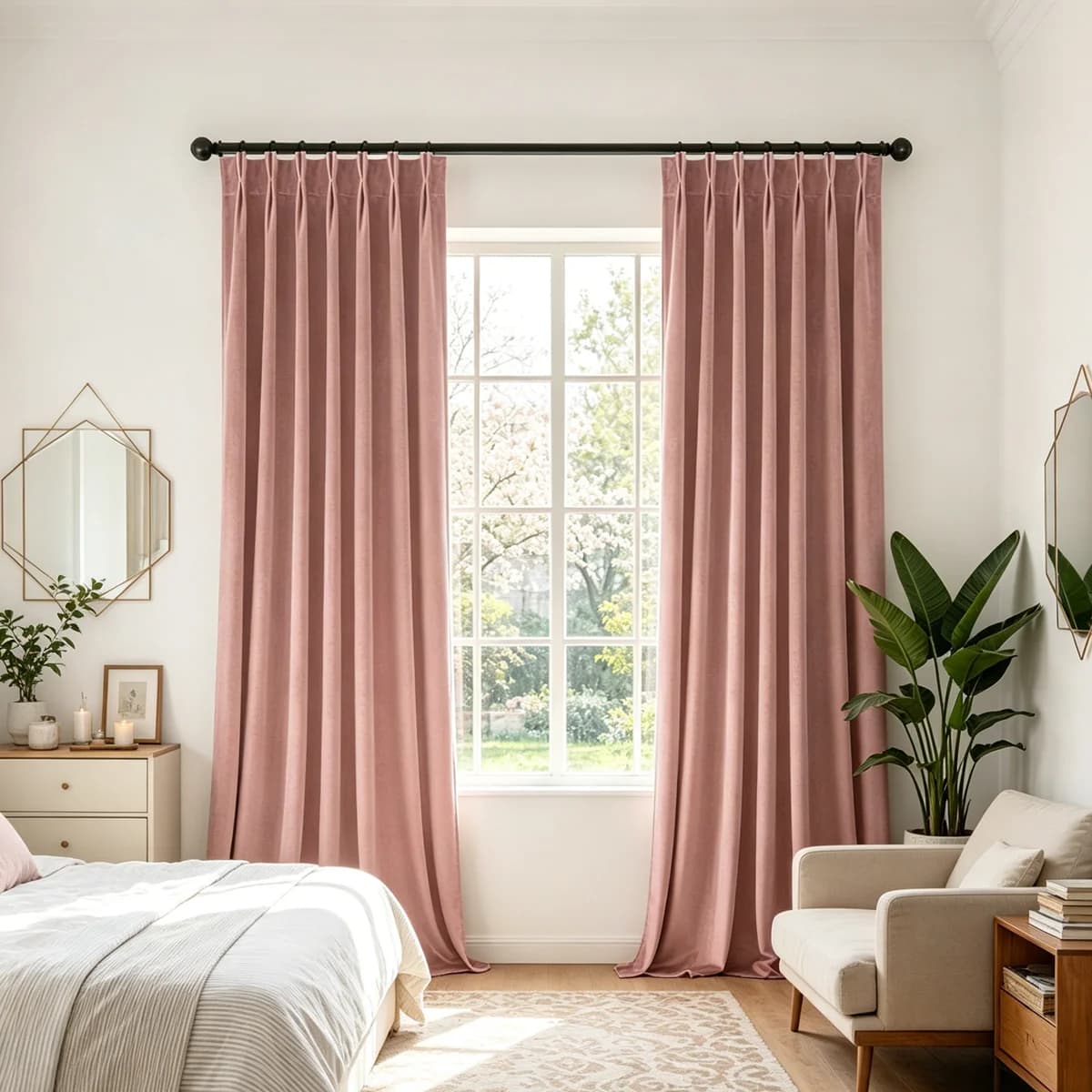 2 Panels Dusty Pink Velvet Pinch Pleat Curtains, French Cream Style Blackout Drapes for Bedroom & Living Room