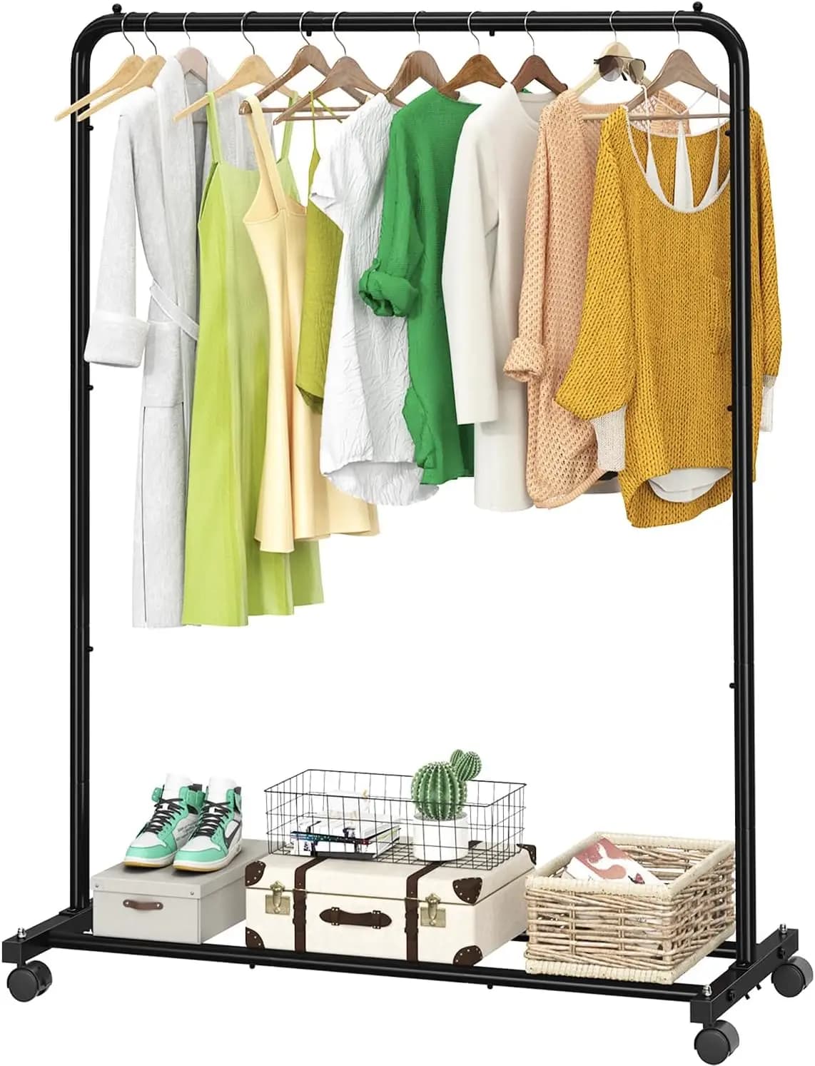 Clothes hanger on Curtain Wheels with Storage Shelves, Black Organizer on Wheels for Hanging Garments