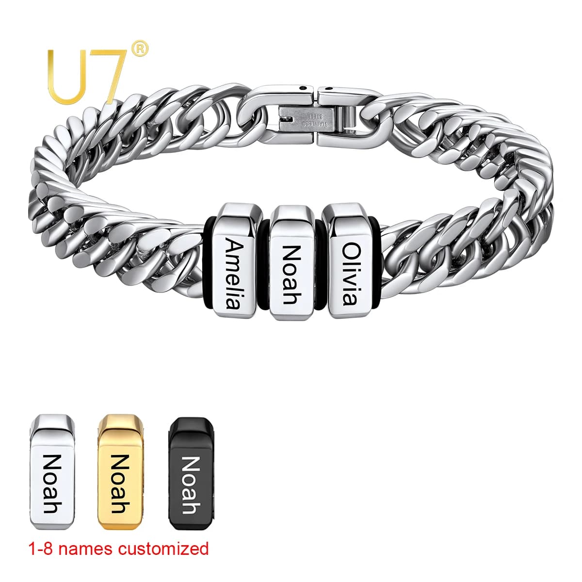 U7 Custom Cuban Bracelets with 1-8 Names, 8mm Thickness, for Men and Women, Stainless Steel, 19/21/23cm, Custom Gift