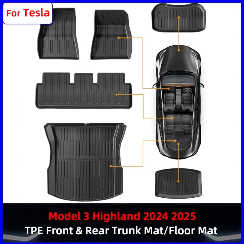Tappetini su Misura per Tesla Model 3 Highland, Set Completo in TPE per Tutte le Stagioni con Rivestimento Bagagliaio e Accessori (2024-2025)