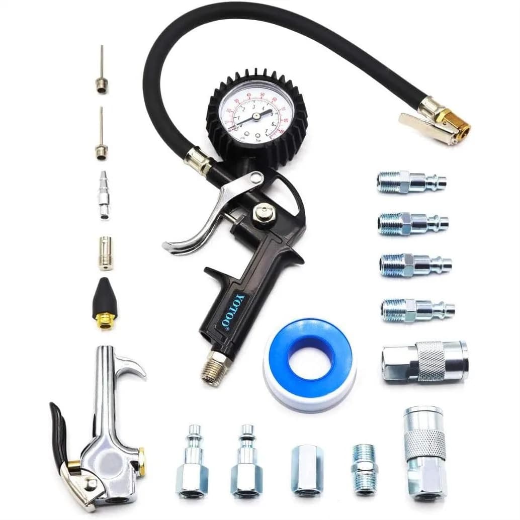 Kit Accessori per Compressore d'Aria Professionale 18 Pezzi con Manometro Gonfiagomme, Pistola ad Aria e Raccordi per Tubi per Pneumatici Auto e Pulizia