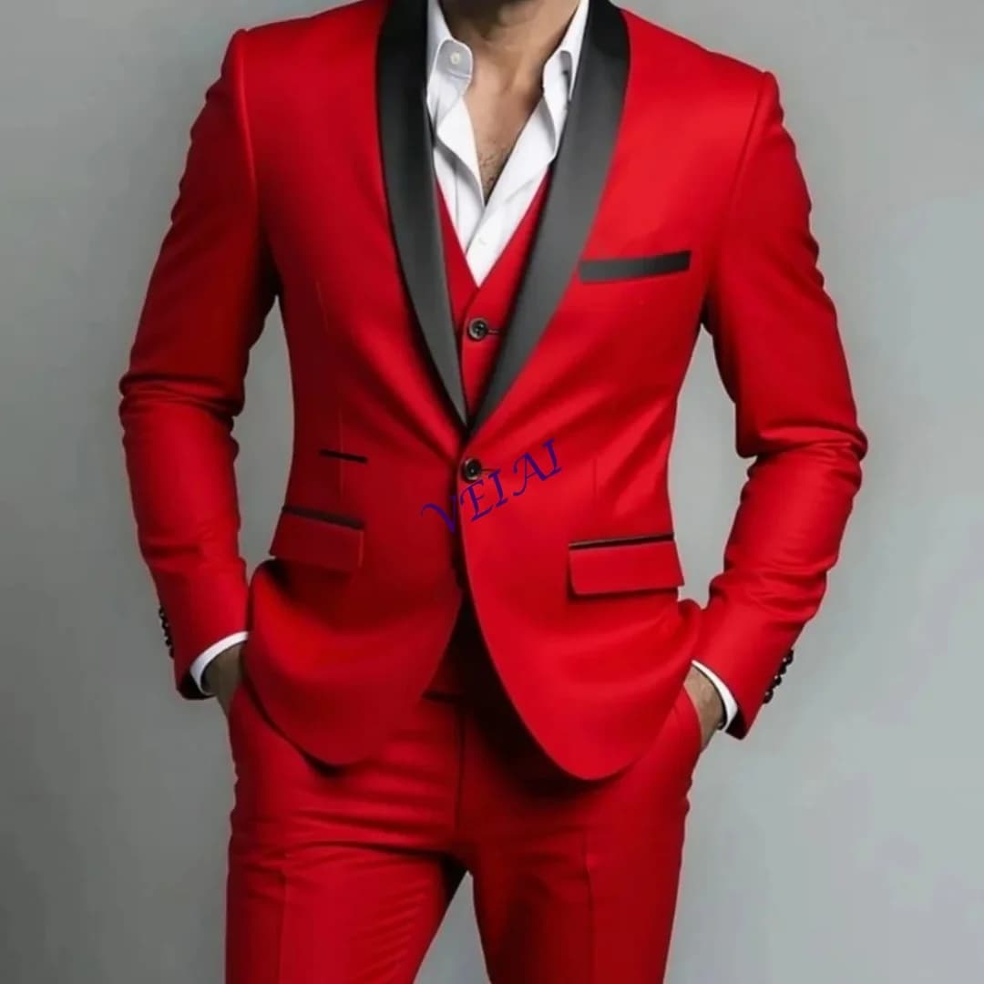 CustomizedMen's Black White Slim Fit Three Piece Suit Set Large Size Autumn Wedding Party Blazer Coat Pants Vest Fashion Male Ou