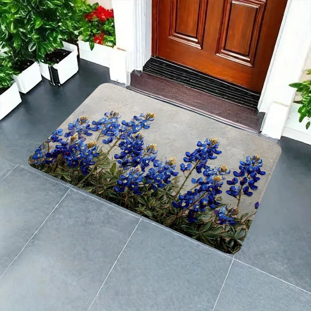 Botanical Garden Floor Mat Elegant Blue Lupine Wildflowers Artwork Rustic Nature‑Inspired Graphic Decor Rug for Home Entryway