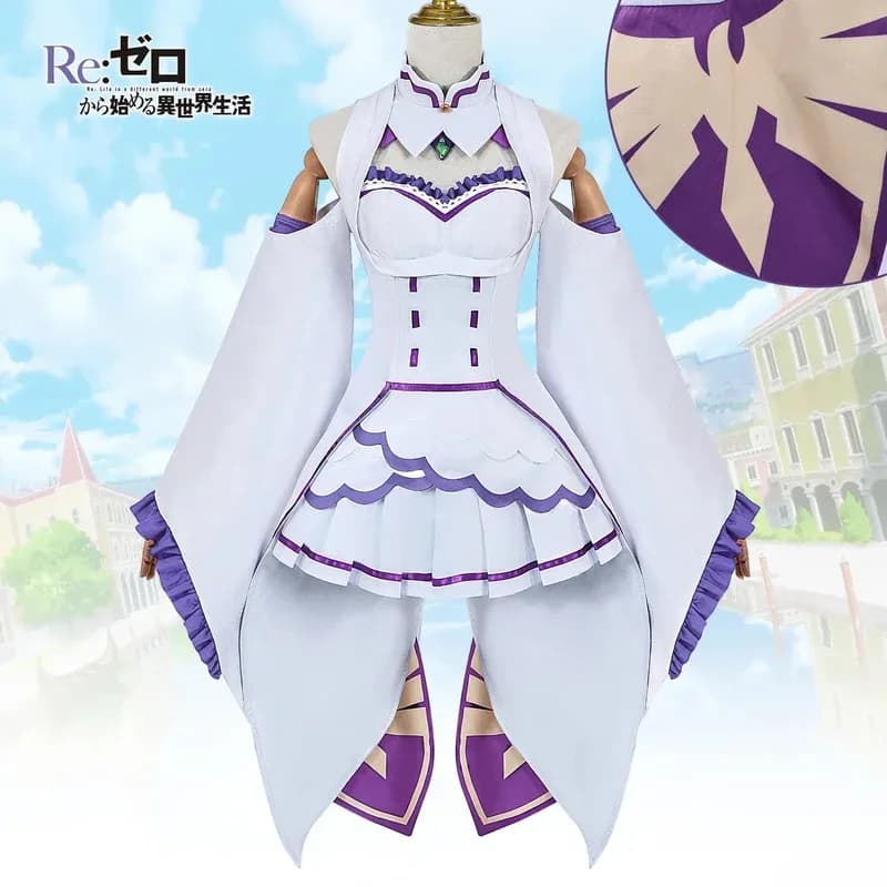 Anime Re Zero Kara Hajimeru Isekai Seikatsu Emilia Costumi Cosplay Abito da donna con copricapo per la festa di Halloween Lolita Cos6;d