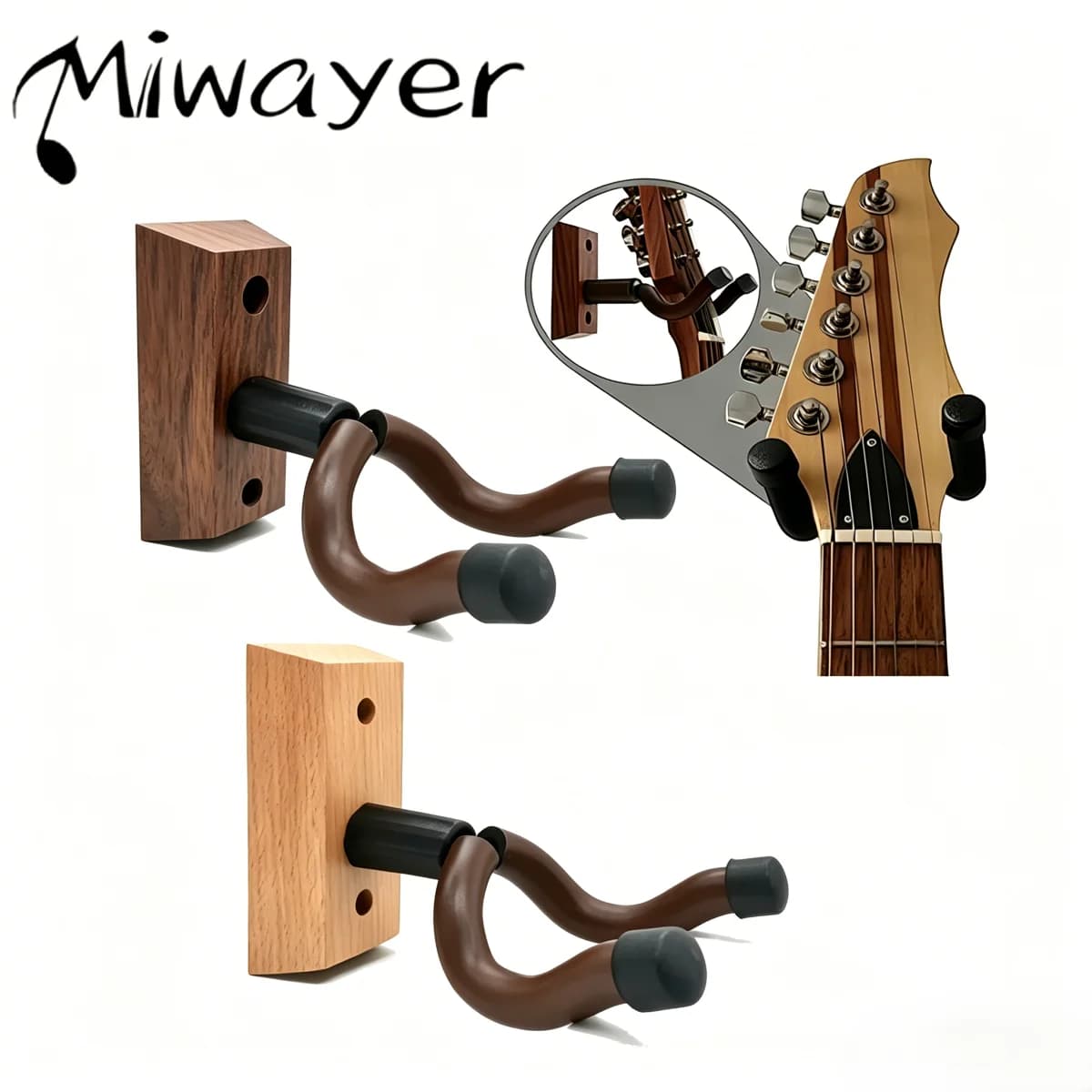 Supporto da parete per chitarra Miwayer in legno, gancio morbido girevole a forma di U di colore scuro/chiaro per chitarra acustica/elettrica, basso e ukulele