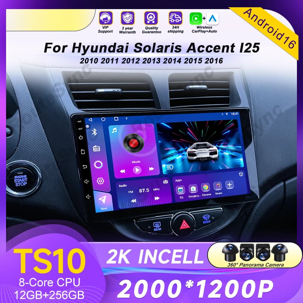 Autoradio Android 16 per Hyundai Solaris Accent I25 2010-2016 con GPS, Navigazione, QLED, Bluetooth, Unità di Controllo WIFI e Comandi al Volante