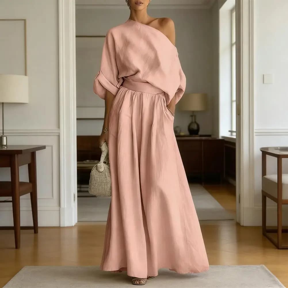 Completo elegante da donna con blusa e pantaloni, stile europeo e americano, top con spalle scese e vita cinata, completo due pezzi estivo.