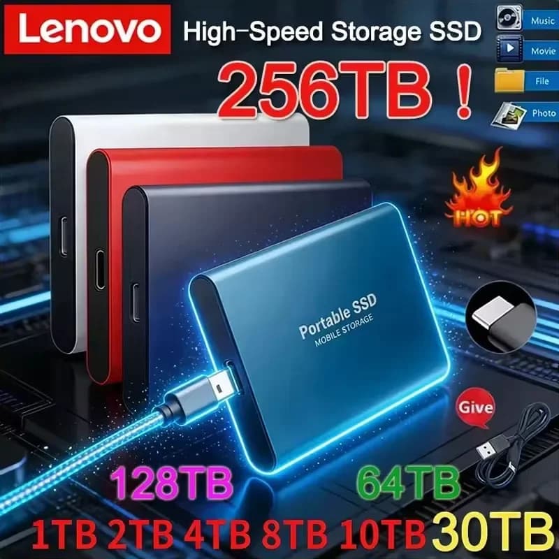 SSD Esterno Portatile Lenovo ad Alta Velocità, Disco a Stato Solido 1TB 2TB 128TB 256TB USB3.1 per PC/Laptop/Mac/Telefono