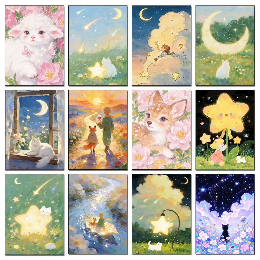 Set di 3 Pezzi Pittura Diamante Scena Cartoon, Kit Ricamo a Mosaico Rotondo Completo, Decorazione Artistica Fai-da-Te con Strass