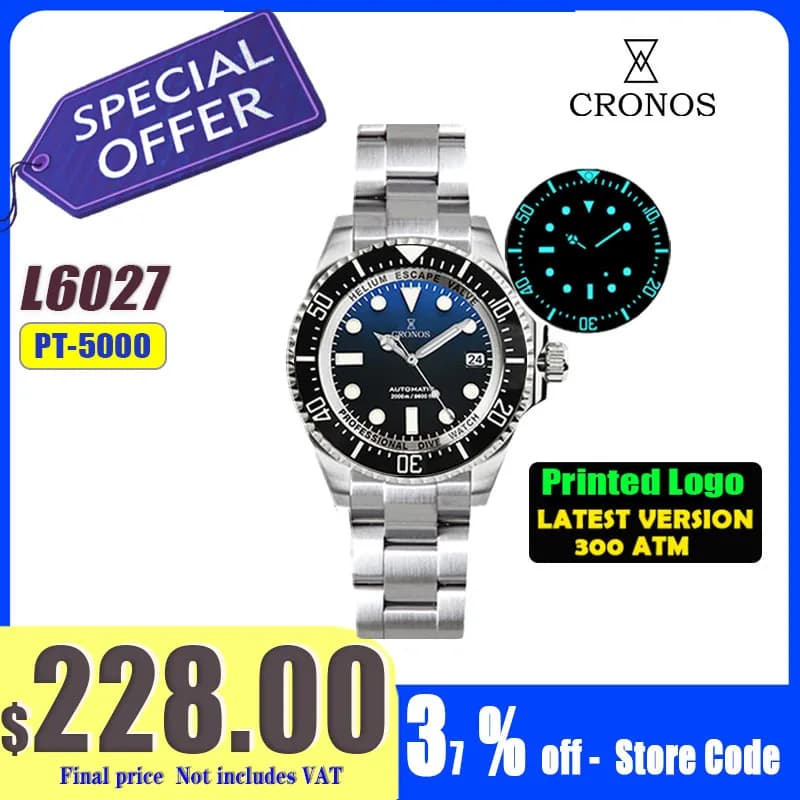 Cronos Automatic Underwater Watch Stainless Steel Water Resistance 2000 meters Professional Diver PT5000 SW200 Miyota9015 90S5 L6027M