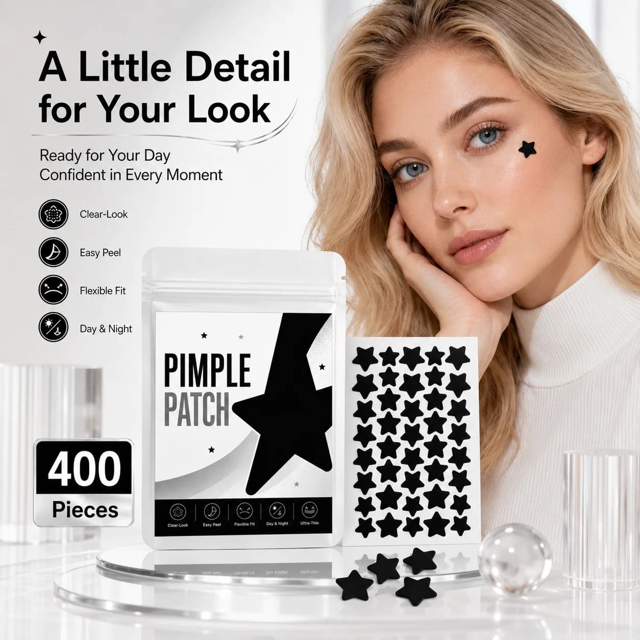 400pcs Black Star-Shaped Pimple Patches, Ultra-Thin, Clear-Look, Flexible Fit for Day & Night Wear, Daily Face Styling
