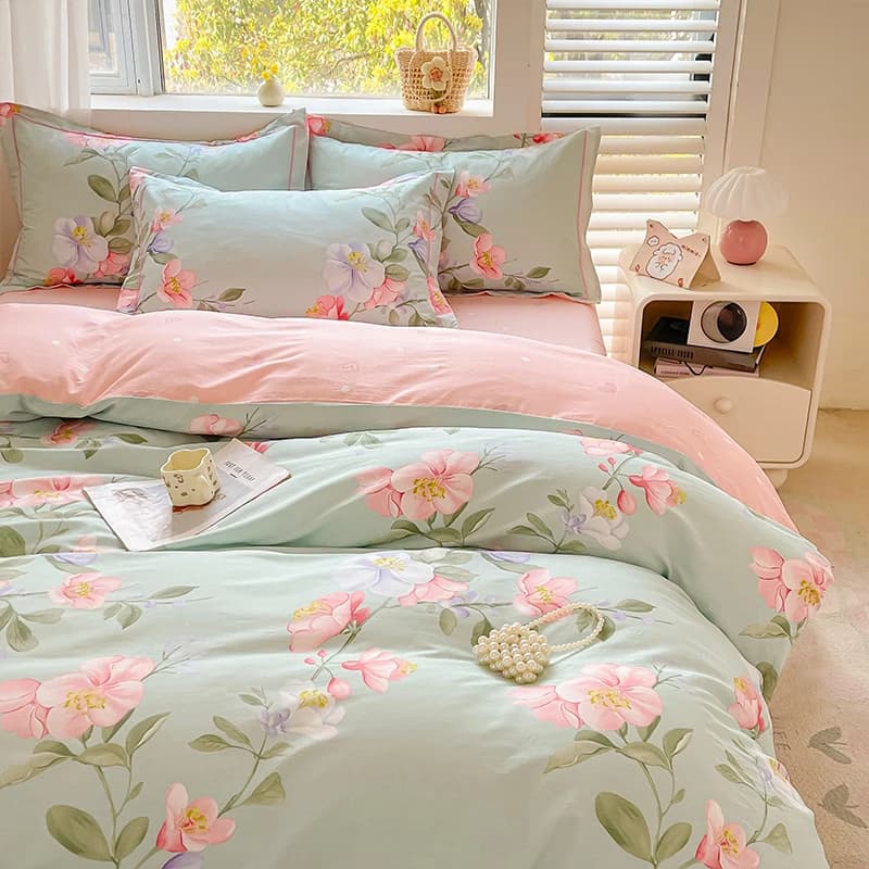 Set di biancheria da letto in cotone 100% con stampa floreale, lenzuola Queen/King, set letto delicato sulla pelle per adulti