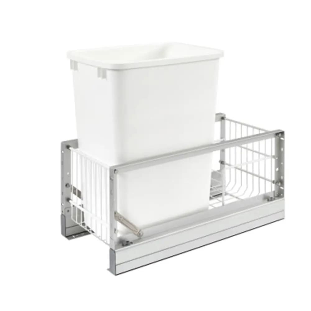 Contenitore per rifiuti estraibile singolo per armadietto base cucina, 35 Qt, con guide scorrevoli a chiusura ammortizzata, Argento e Bianco, 5349-15DM-1