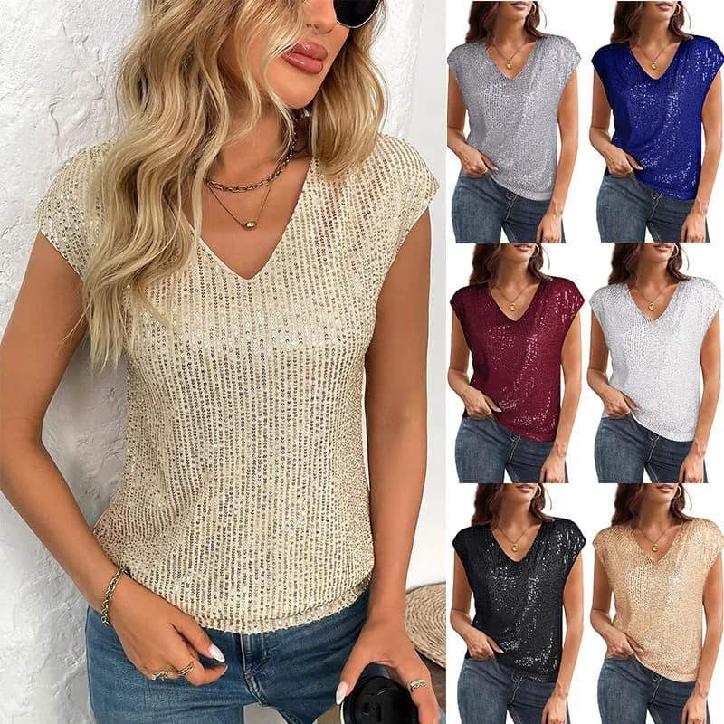 Top da donna con paillettes e maniche ad aletta con scollo a V, elegante scintillante per riunioni casual