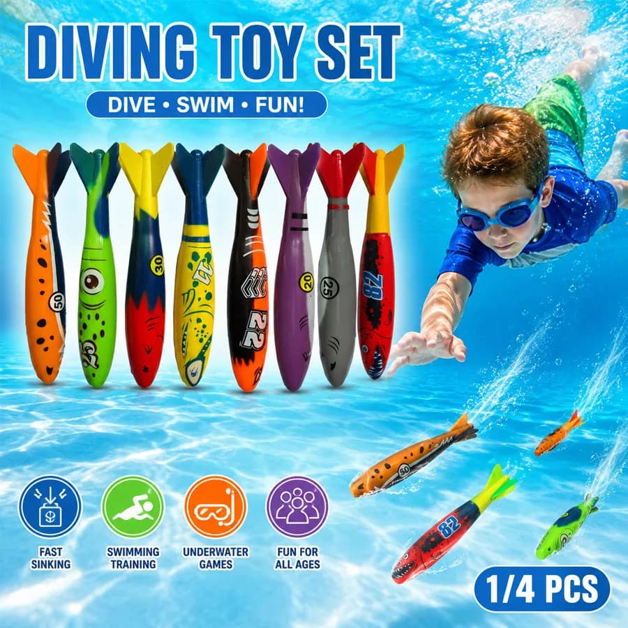 8/4/1 Pcs Diving Pool Toy Set, Colorful Sinking Torpedo Rocket Shark Underwater Toys, Swimming Training & Water Fun Games