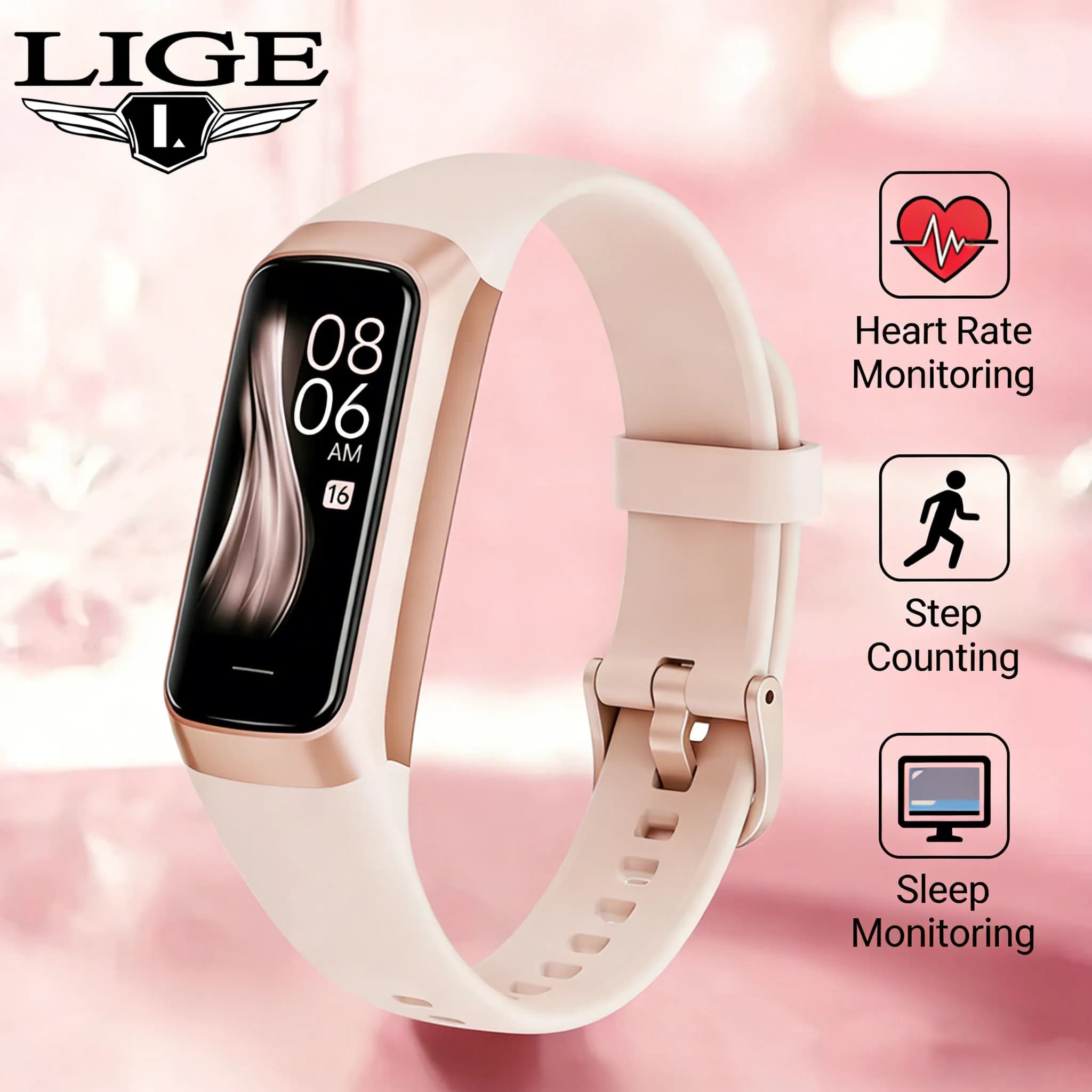 LIGE Smartwatch with Cardiac Frequency Monitoring, 1.1 Inch AMOLED Screen, Waterproof Fitness Bracelet for Men and Women