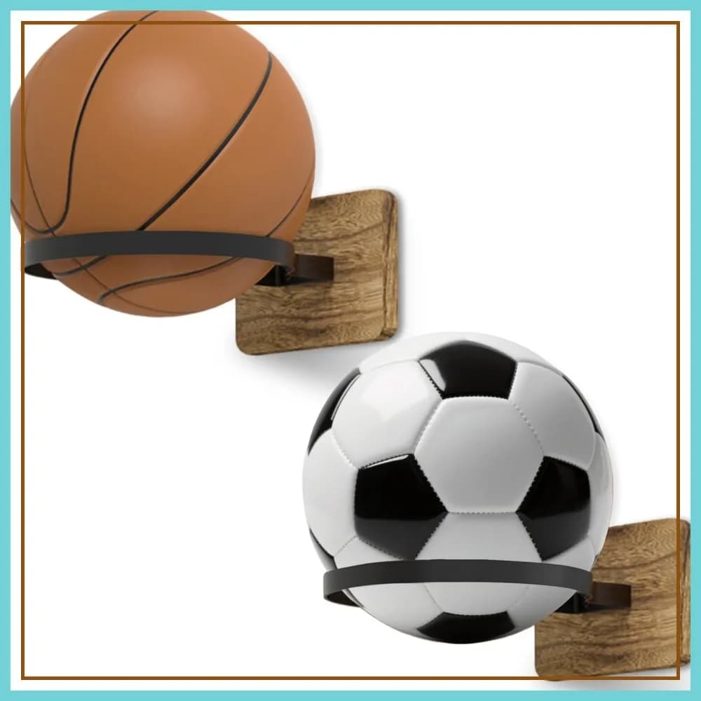 Supporto da parete per palloni da basket, calcio e calcetto - Confezione da 2, in metallo e legno
