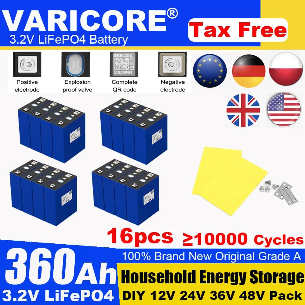16 pz 3.2 v 360Ah 320Ah 340Ah280Ah 105Ah Lifepo4 Batteria Ricaricabile Al Litio Ferro Fosfato Solare 12 v 24 v 36 v Cellulare Tax Free