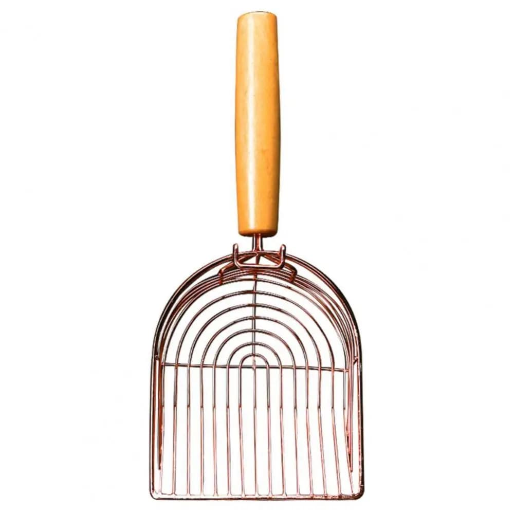 Paletta per lettiera per gatti con gancio, design in metallo color oro rosa, manico in legno, setaccio per lettiera in acciaio inossidabile per lettiera per gatti