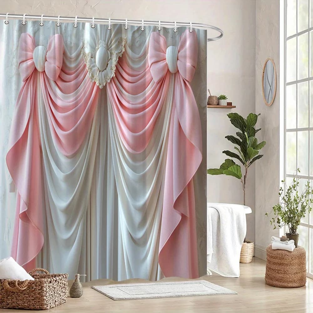 Elegante tenda da doccia con drappeggio bianco e rosa - Fiocchi simmetrici in raso, ricami floreali, dettaglio nastro, 12 ganci, regalo ideale