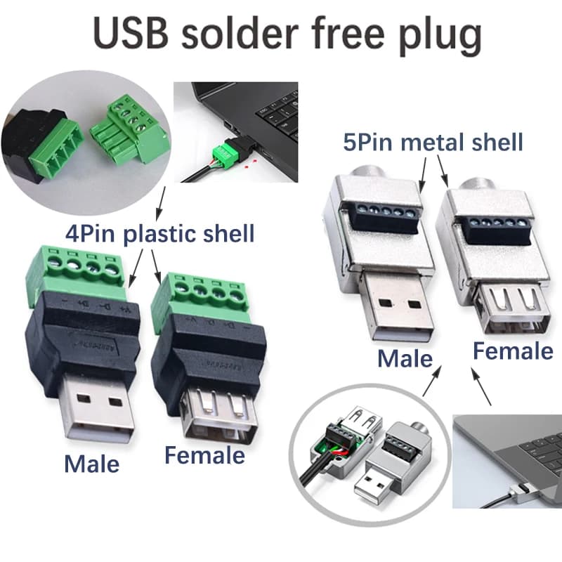 Connettore USB Senza Saldatura Fai-da-te - Adattatore Terminale Maschio e Femmina USB 2.0 per Riparazione, per Tastiera e Mouse Mobile